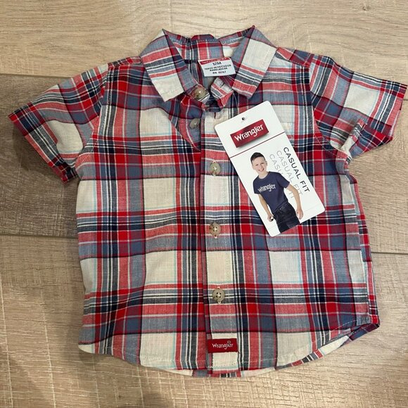 WRANGLER BOYS RED PLAID BUTTON UP SHORT SLEEVE SHIRT NEW 12 MONTH - Picture 1 of 7